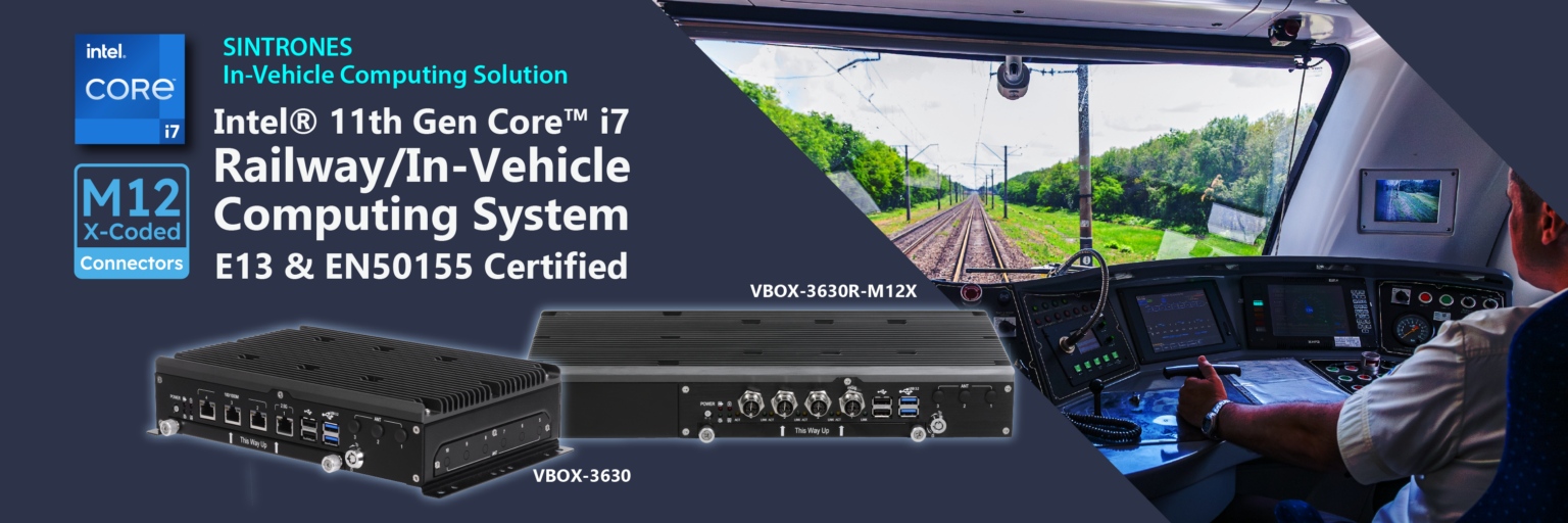 Rugged EN 50155 in-vehicle computer VBOX-3630RP-M12X with 4x PoE ports for vehicle IP camera systems.